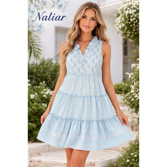 Dresses & Skirts - Crown Ivy Aqua Blue Stripe Tiered Ruffle Collar Midi Dress Women's Sz Large